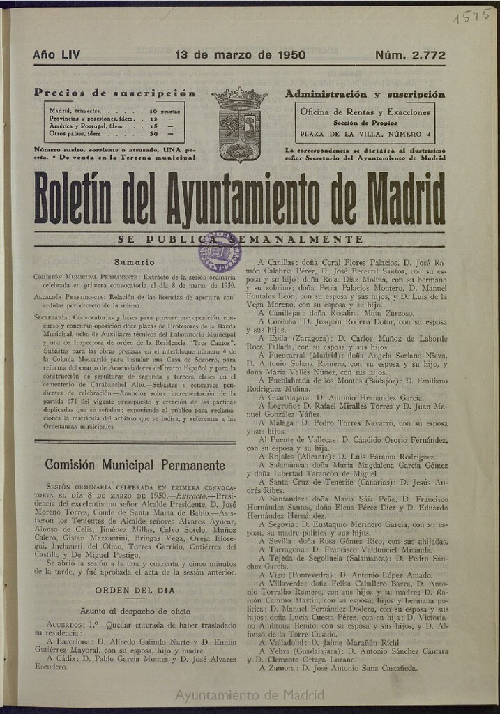Miniatura de Boletín Oficial del Ayuntamiento de Madrid del 13 de marzo de 1950, nº 2772
