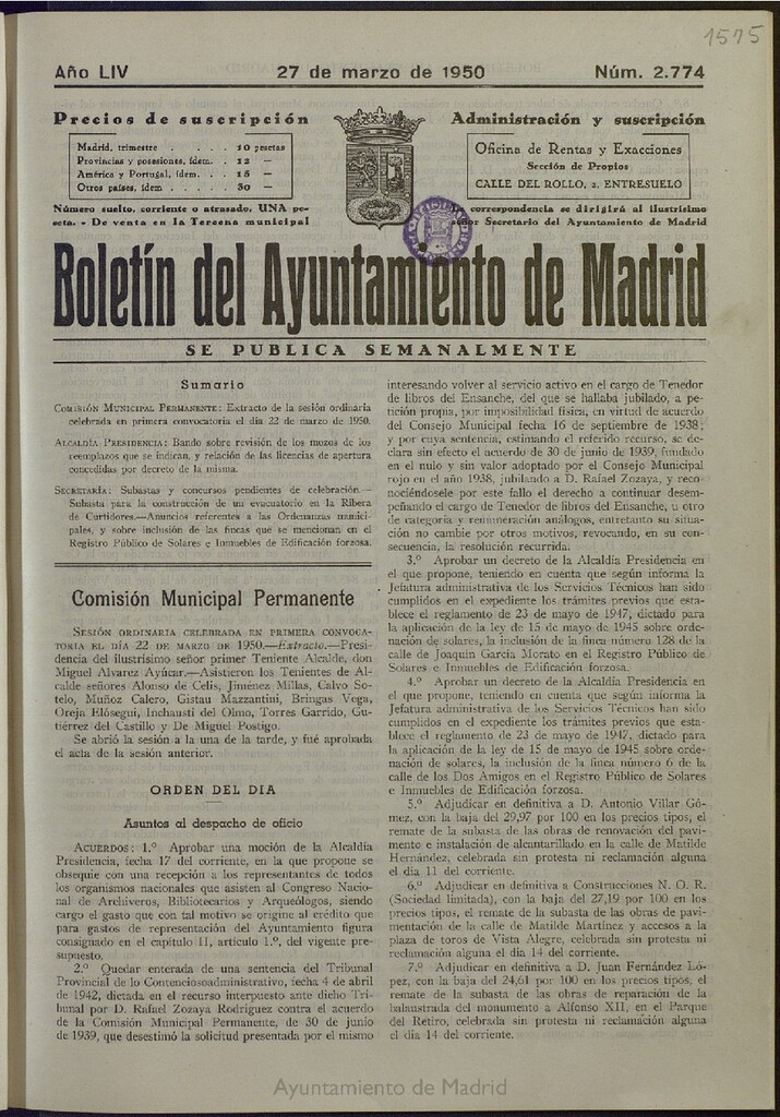 Miniatura de Boletín Oficial del Ayuntamiento de Madrid del 27 de marzo de 1950, nº 2774