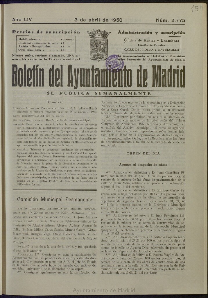 Miniatura de Boletín Oficial del Ayuntamiento de Madrid del 3 de abril de 1950, nº 2775