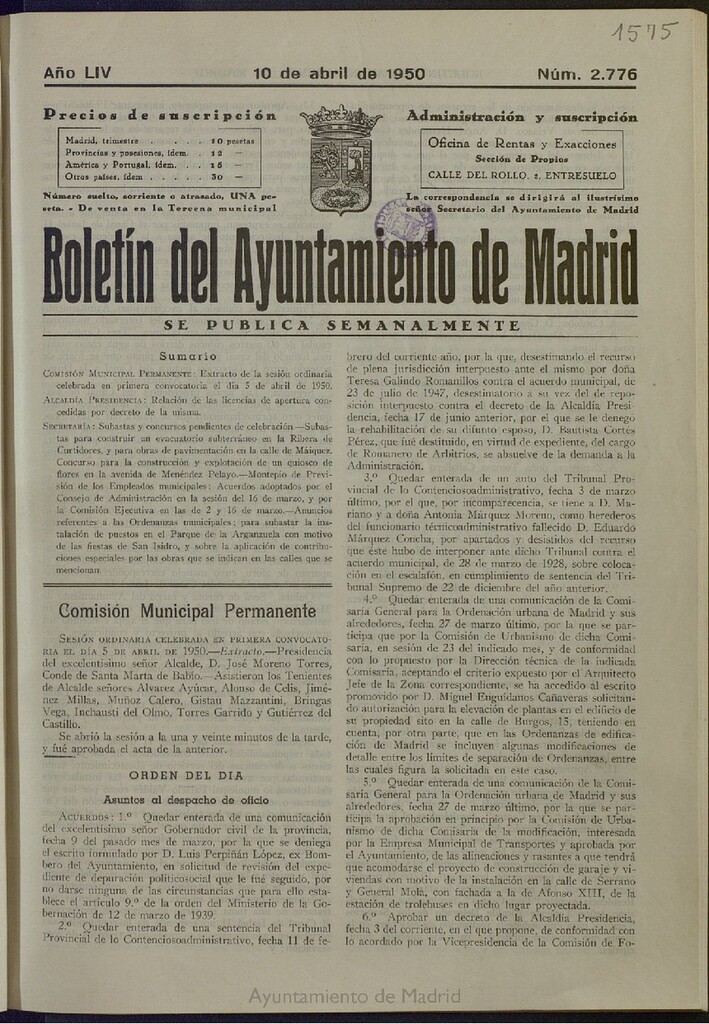 Miniatura de Boletín Oficial del Ayuntamiento de Madrid del 10 de abril de 1950, nº 2776