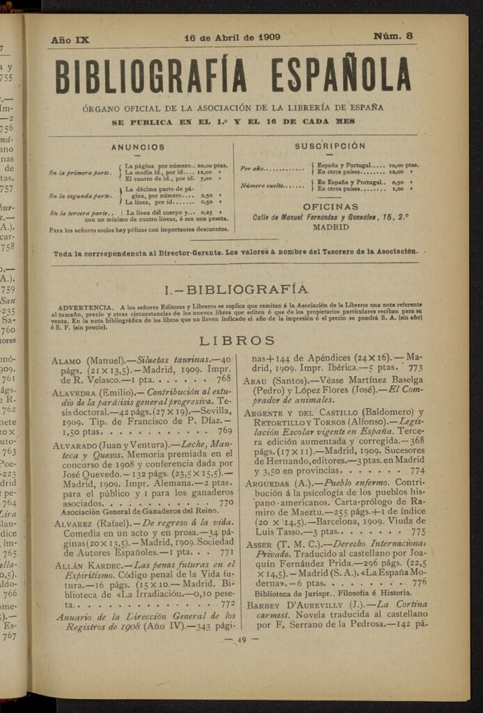 Miniatura de Bibliografía Española del 16 de abril de 1909