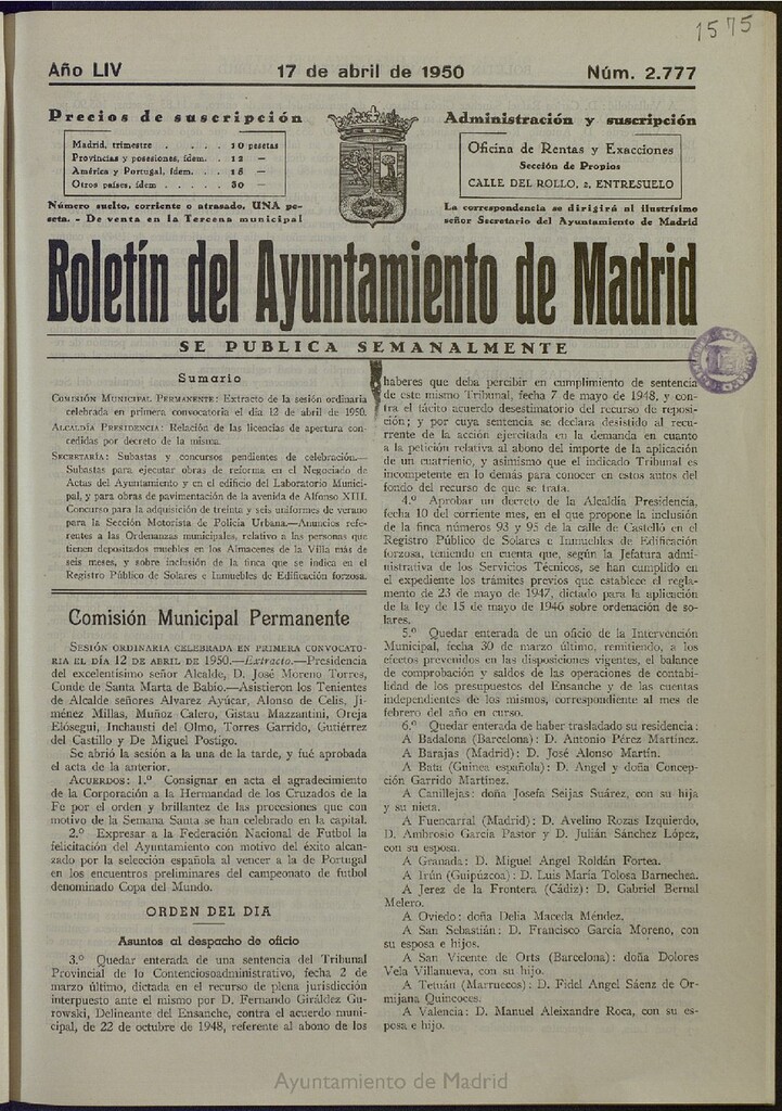 Miniatura de Boletín Oficial del Ayuntamiento de Madrid del 17 de abril de 1950, nº 2777