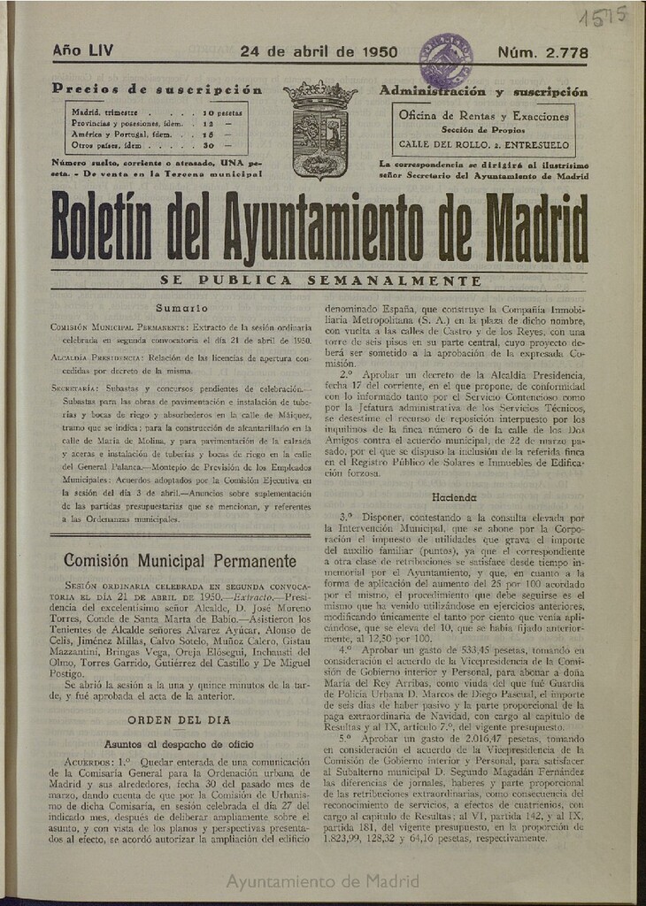 Miniatura de Boletín Oficial del Ayuntamiento de Madrid del 24 de abril de 1950, nº 2778