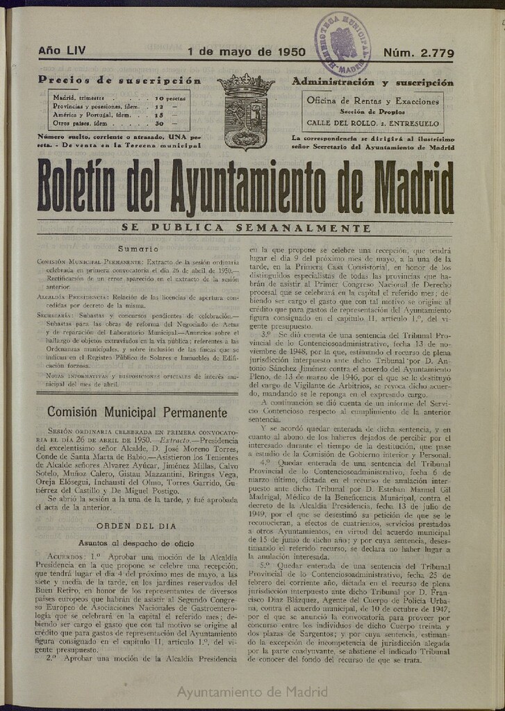 Miniatura de Boletín Oficial del Ayuntamiento de Madrid del 1 de mayo de 1950, nº 2779