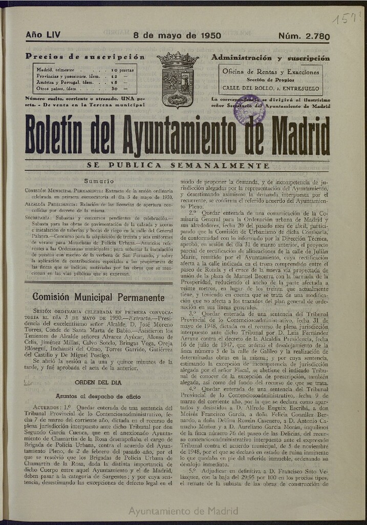 Miniatura de Boletín Oficial del Ayuntamiento de Madrid del 8 de mayo de 1950, nº 2780