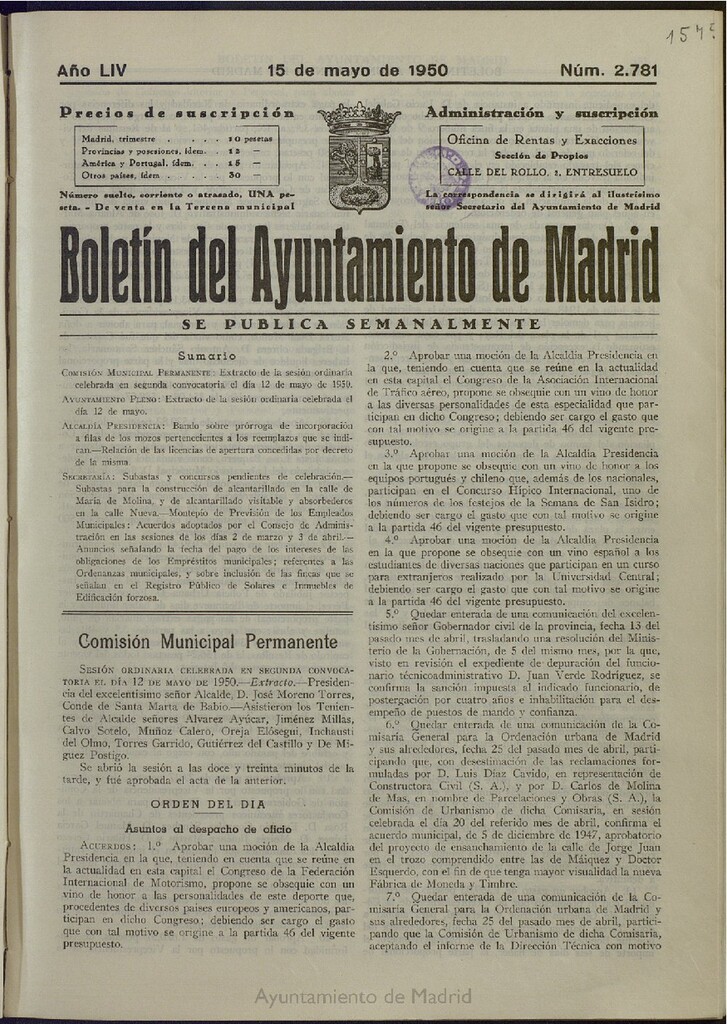 Miniatura de Boletín Oficial del Ayuntamiento de Madrid del 15 de mayo de 1950, nº 2781
