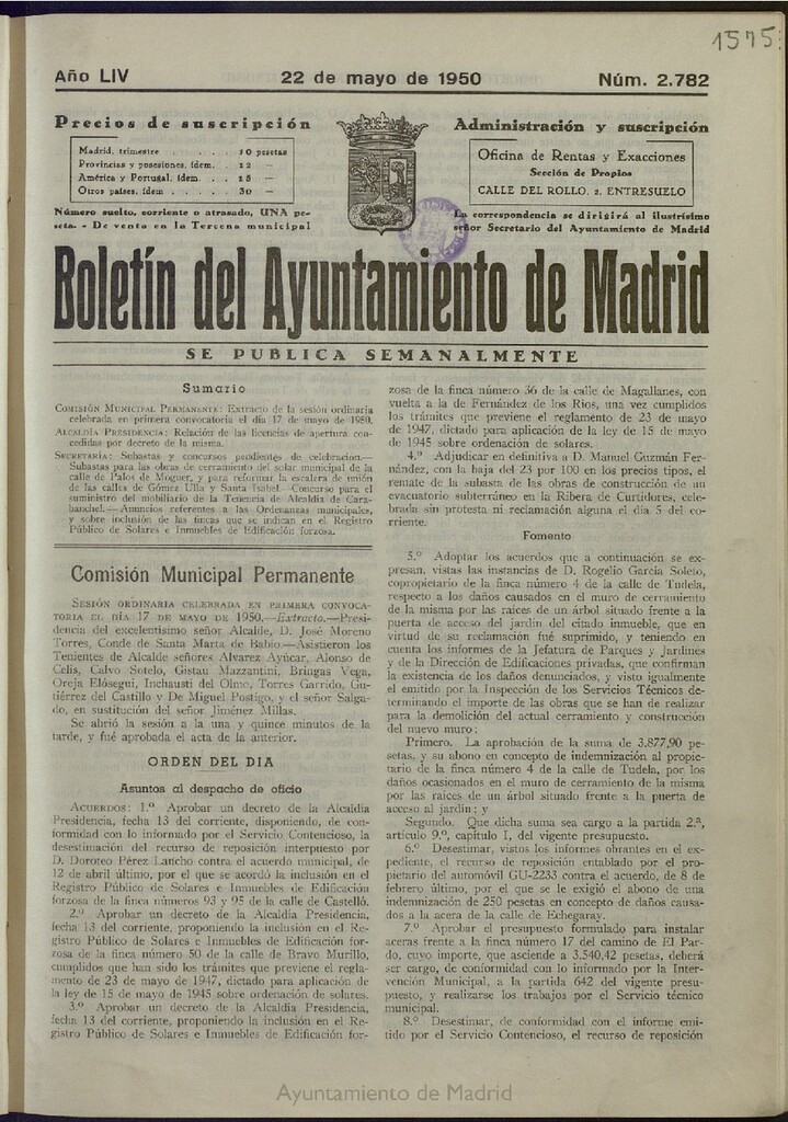 Miniatura de Boletín Oficial del Ayuntamiento de Madrid del 22 de mayo de 1950, nº 2782