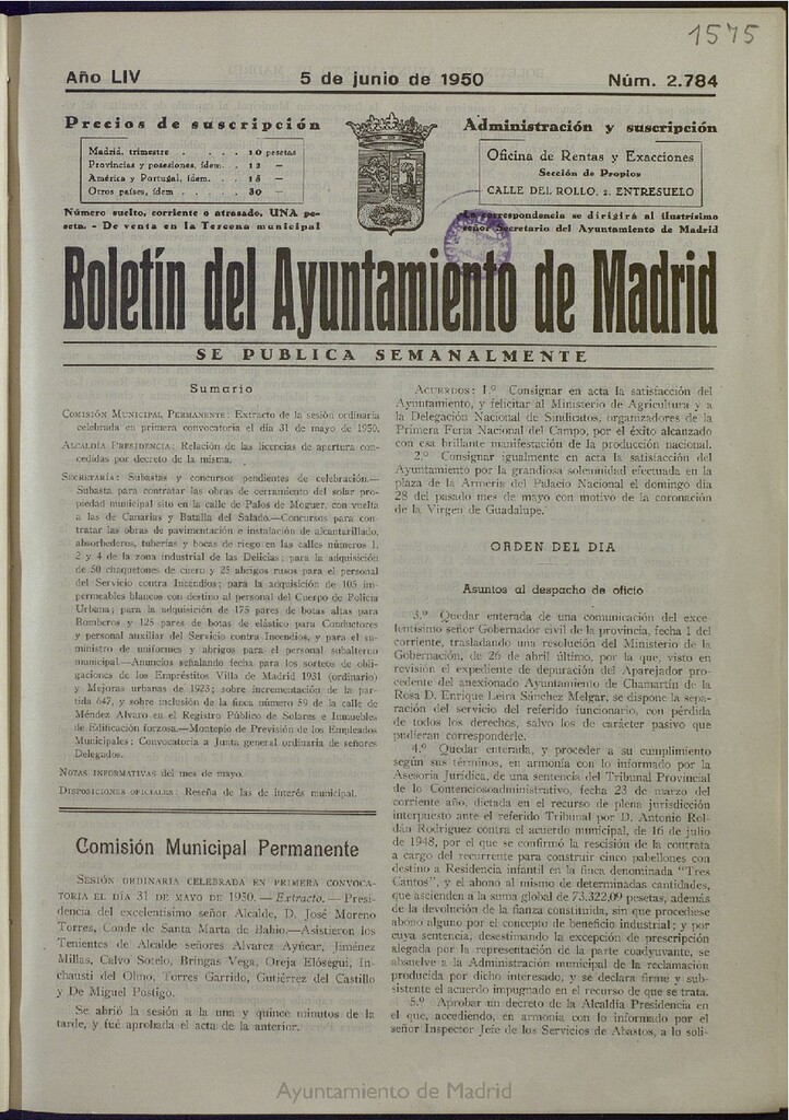 Miniatura de Boletín Oficial del Ayuntamiento de Madrid del 5 de junio de 1950, nº 2784