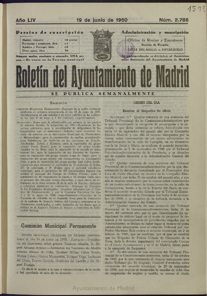 Miniatura de Boletín Oficial del Ayuntamiento de Madrid del 19 de junio de 1950, nº 2786