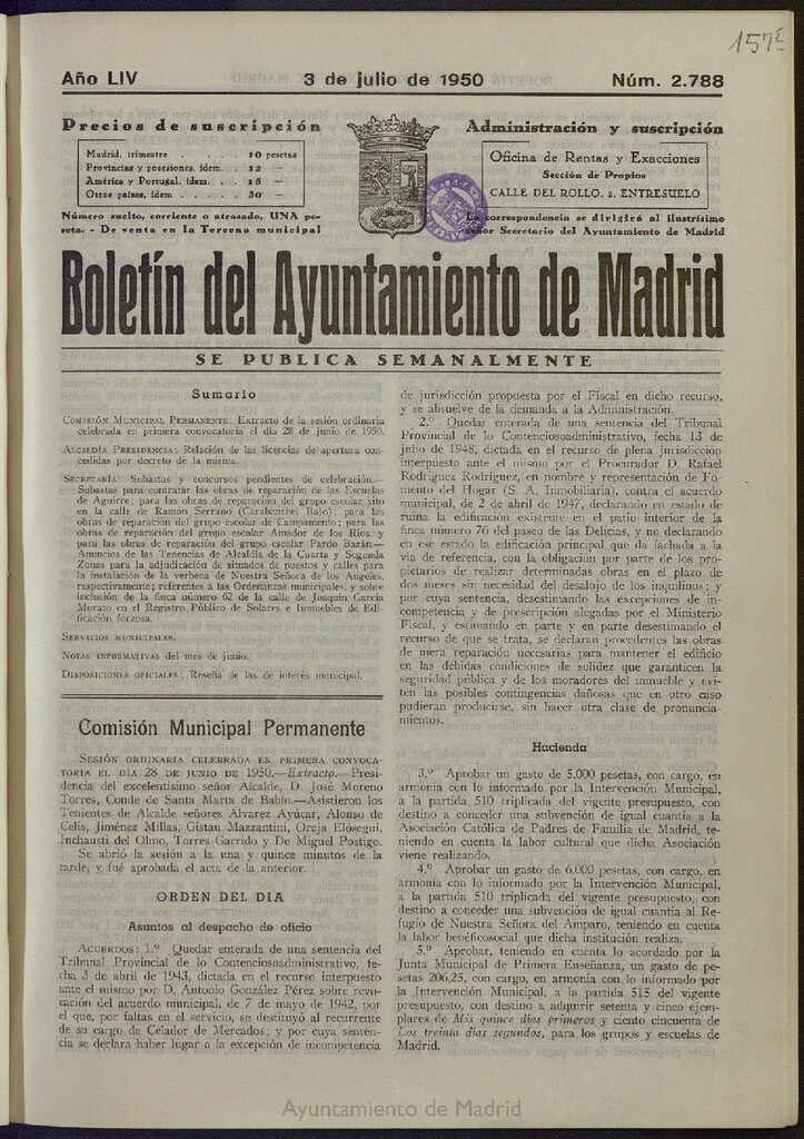 Miniatura de Boletín Oficial del Ayuntamiento de Madrid del 3 de julio de 1950, nº 2788