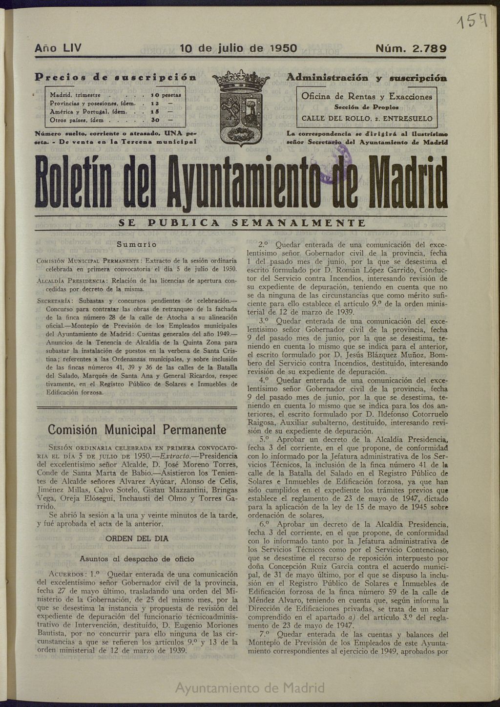 Miniatura de Boletín Oficial del Ayuntamiento de Madrid del 10 de julio de 1950, nº 2789