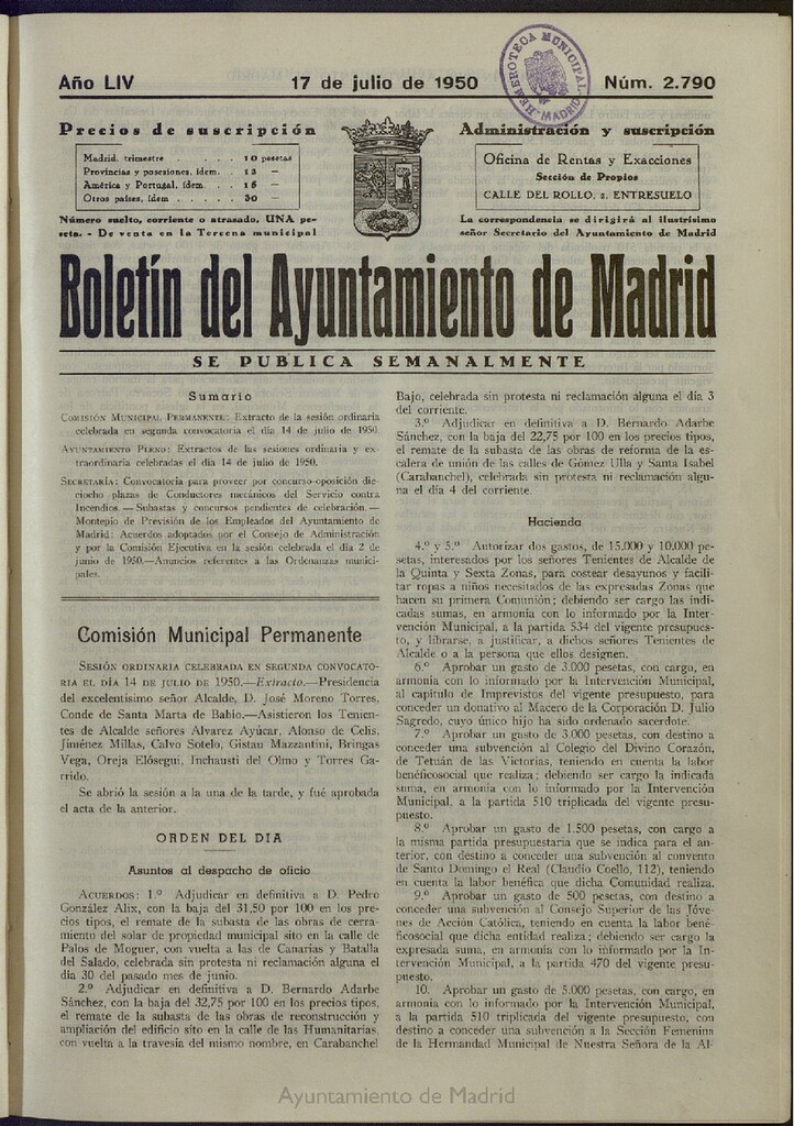 Miniatura de Boletín Oficial del Ayuntamiento de Madrid del 17 de julio de 1950, nº 2790