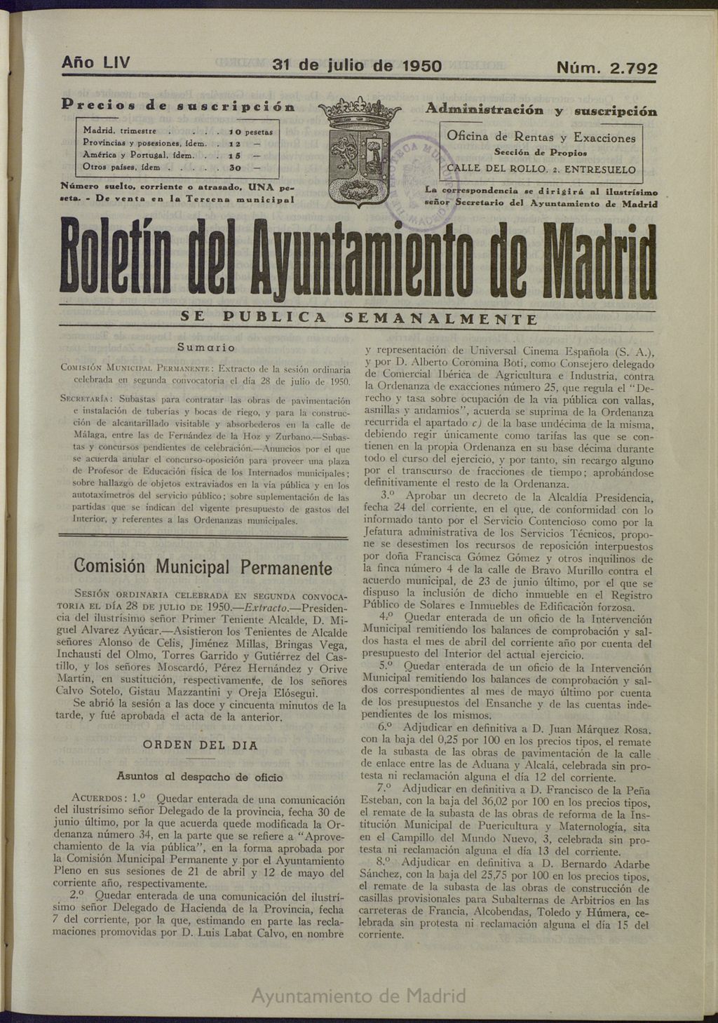 Miniatura de Boletín Oficial del Ayuntamiento de Madrid del 31 de julio de 1950, nº 2792