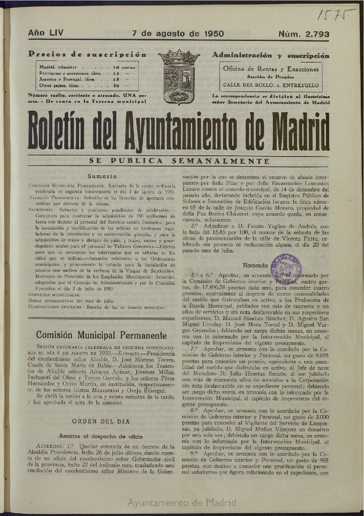 Miniatura de Boletín Oficial del Ayuntamiento de Madrid del 7 de agosto de 1950, nº 2793