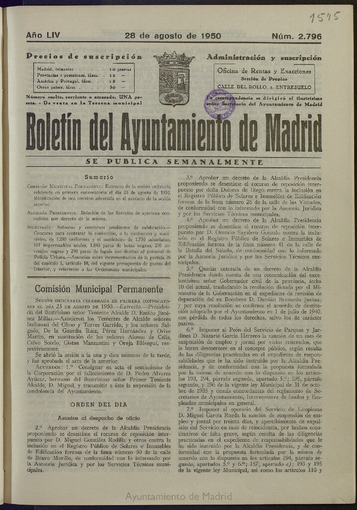 Miniatura de Boletín Oficial del Ayuntamiento de Madrid del 28 de agosto de 1950, nº 2796
