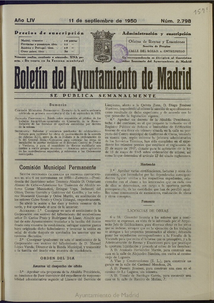 Miniatura de Boletín Oficial del Ayuntamiento de Madrid del 11 de septiembre de 1950, nº 2798