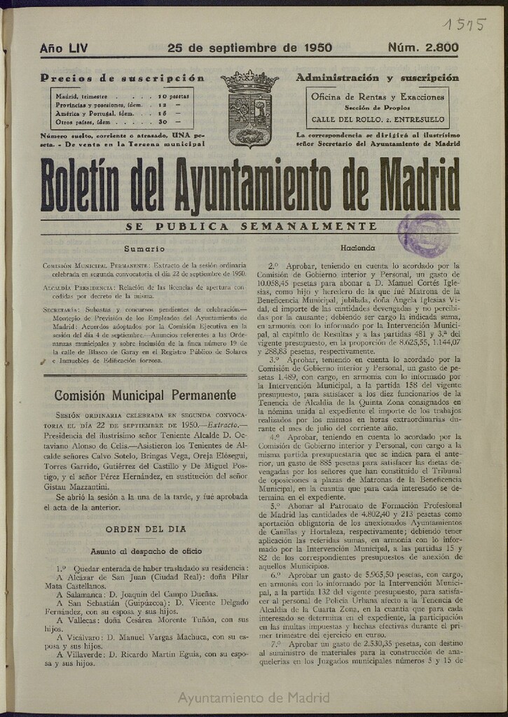 Miniatura de Boletín Oficial del Ayuntamiento de Madrid del 25 de septiembre de 1950, nº 2800