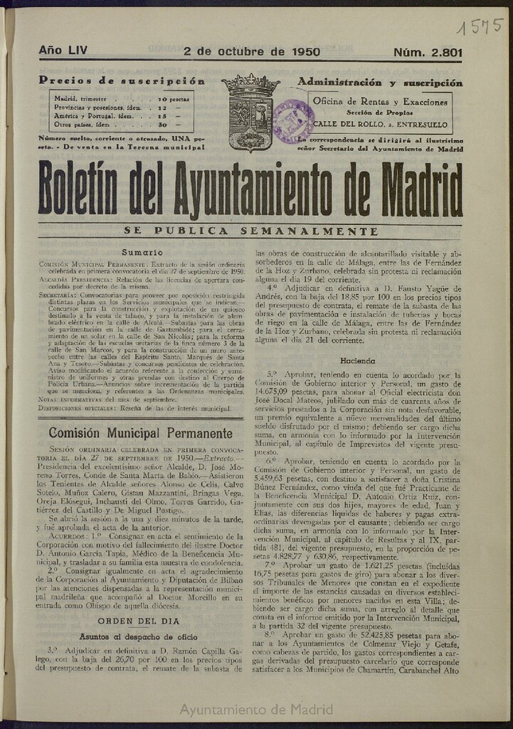 Miniatura de Boletín Oficial del Ayuntamiento de Madrid del 2 de octubre de 1950, nº 2801