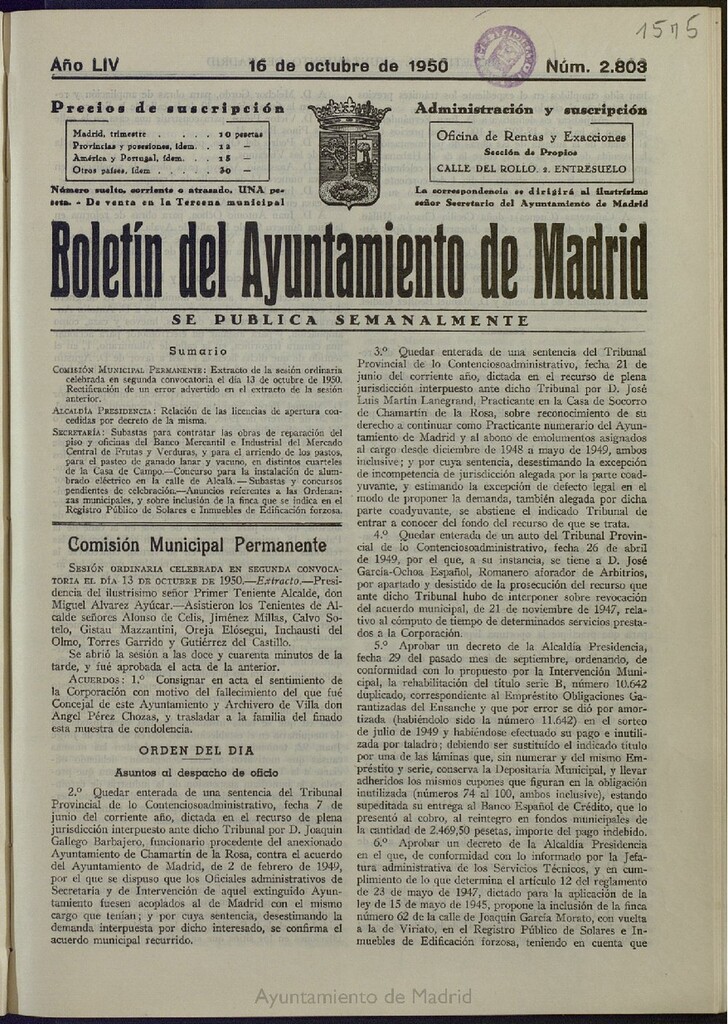 Miniatura de Boletín Oficial del Ayuntamiento de Madrid del 16 de octubre de 1950, nº 2803