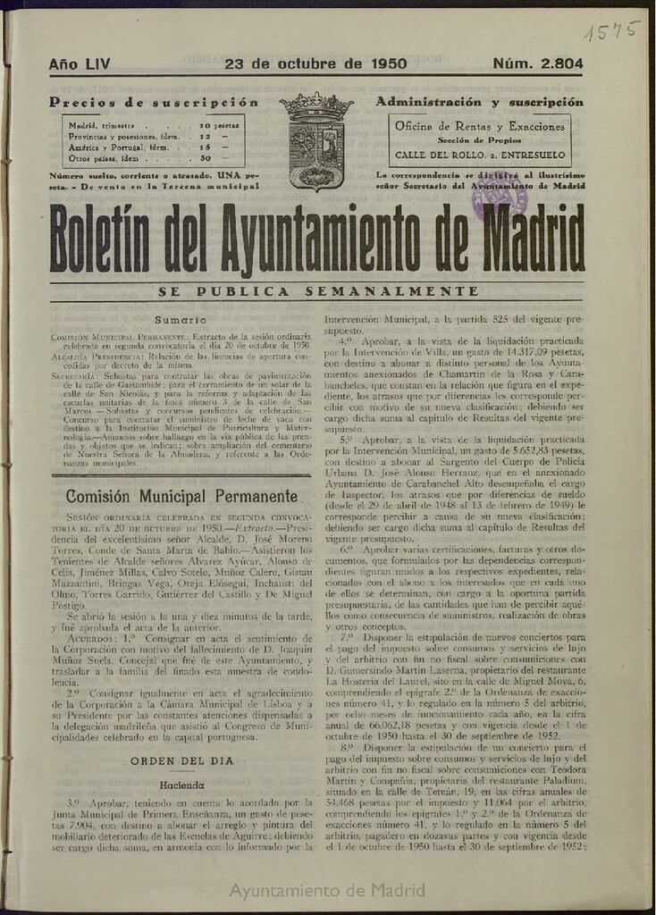 Miniatura de Boletín Oficial del Ayuntamiento de Madrid del 23 de octubre de 1950, nº 2804
