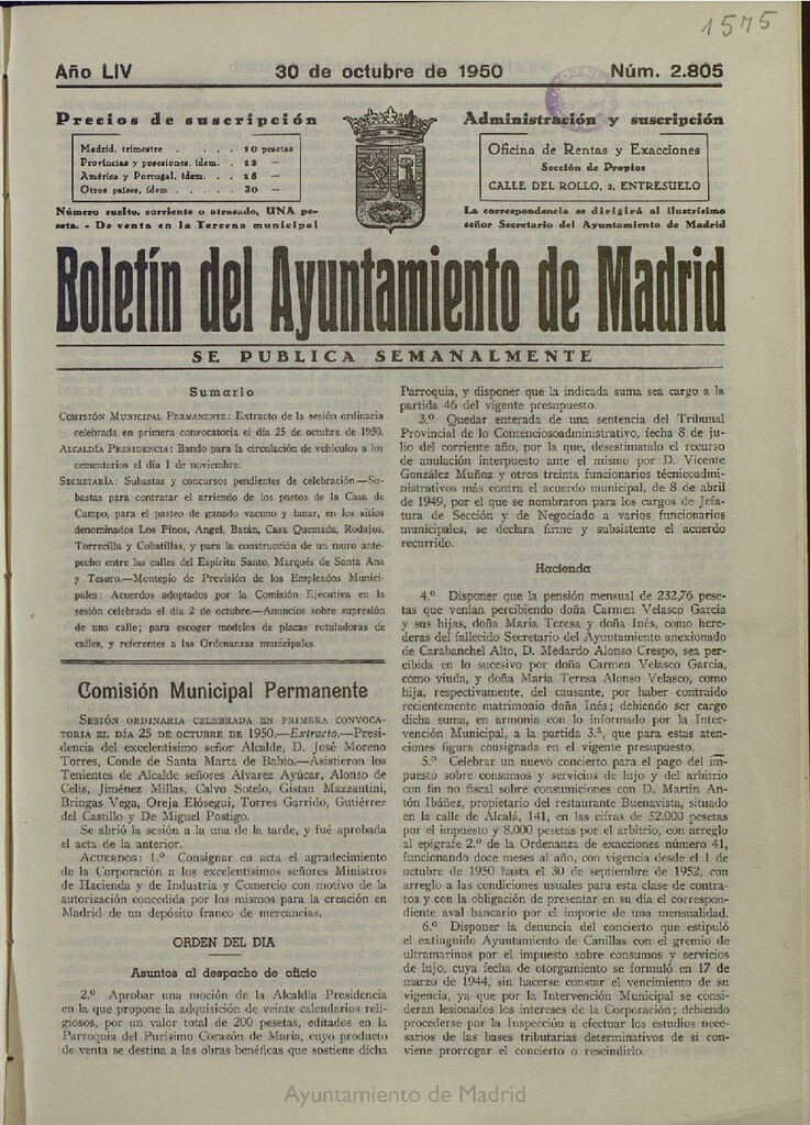 Miniatura de Boletín Oficial del Ayuntamiento de Madrid del 30 de octubre de 1950, nº 2805