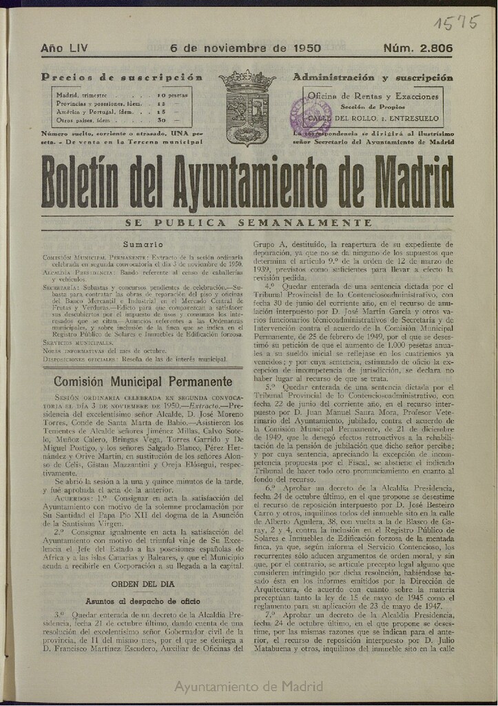 Miniatura de Boletín Oficial del Ayuntamiento de Madrid del 6 de noviembre de 1950, nº 2806