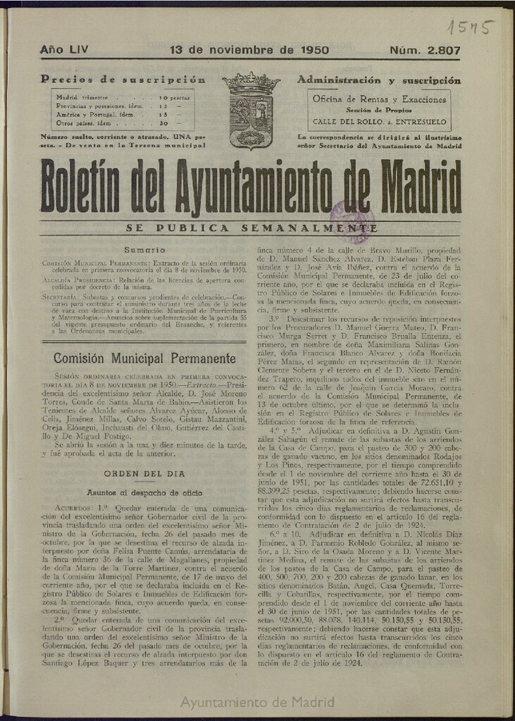 Miniatura de Boletín Oficial del Ayuntamiento de Madrid del 13 de noviembre de 1950, nº 2807