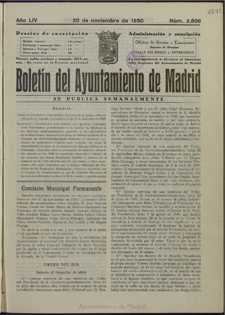 Miniatura de Boletín Oficial del Ayuntamiento de Madrid del 20 de noviembre de 1950, nº 2808