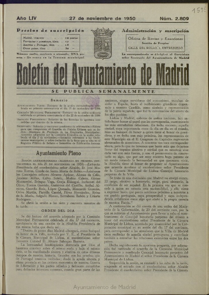 Miniatura de Boletín Oficial del Ayuntamiento de Madrid del 27 de noviembre de 1950, nº 2809
