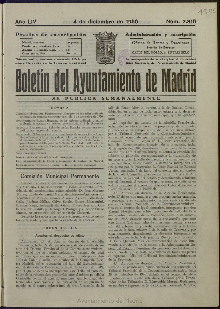 Miniatura de Boletín Oficial del Ayuntamiento de Madrid del 4 de diciembre de 1950, nº 2810