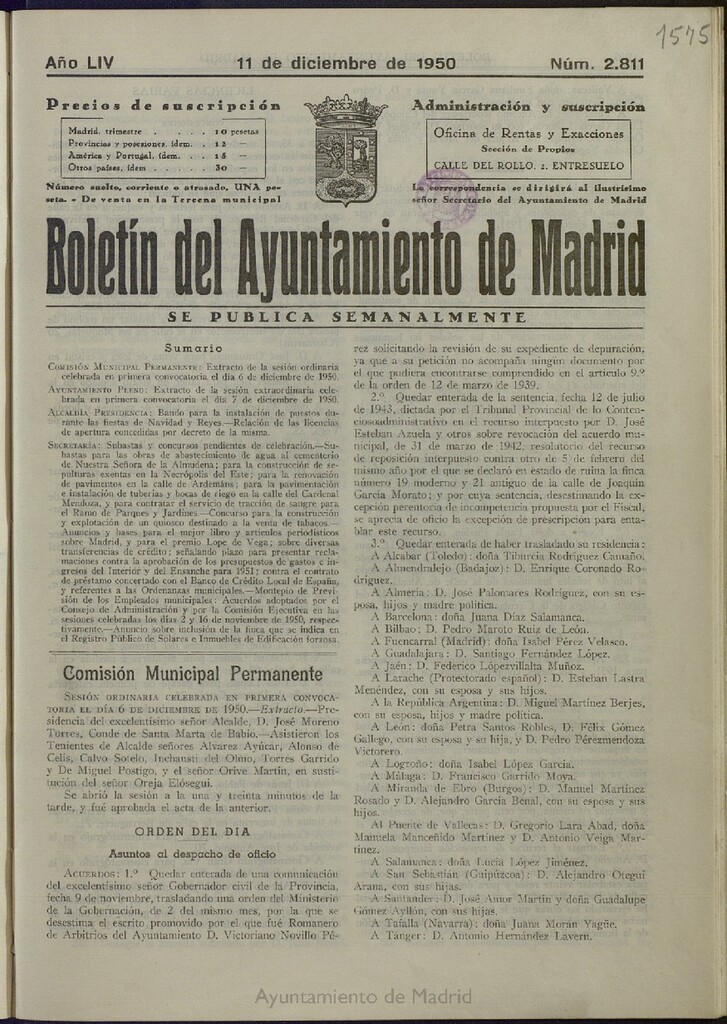 Miniatura de Boletín Oficial del Ayuntamiento de Madrid del 11 de diciembre de 1950, nº 2811