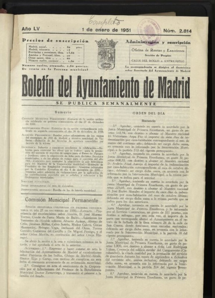Miniatura de Boletín oficial del Ayuntamiento del 1 de enero de 1951, nº 2814