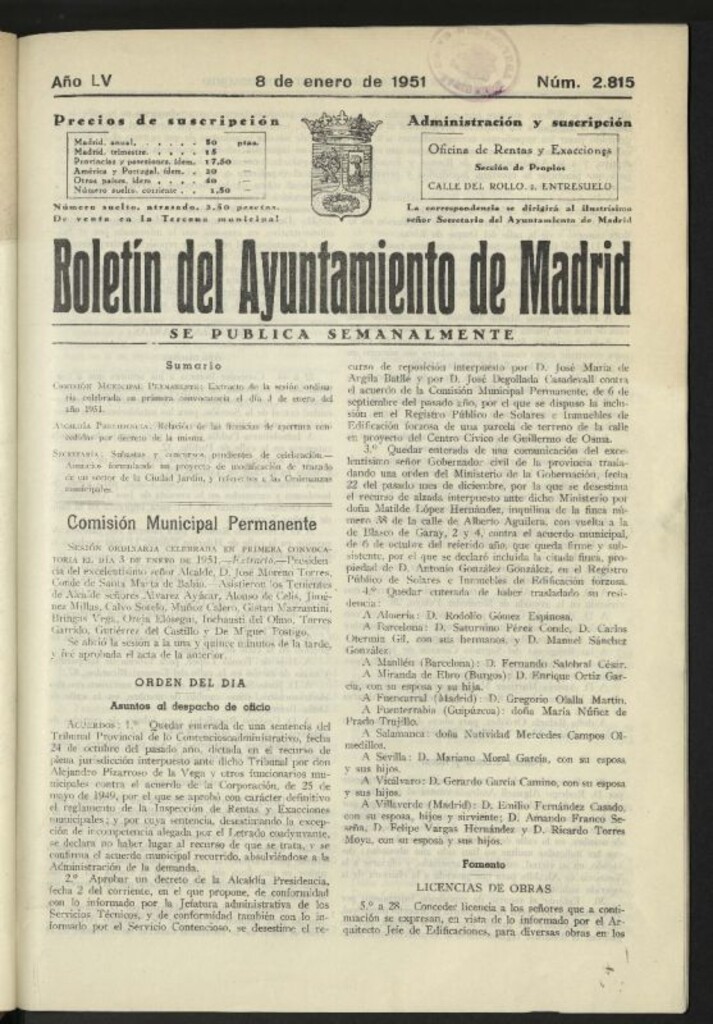 Miniatura de Boletín oficial del Ayuntamiento del 8 de enero de 1951, nº 2815
