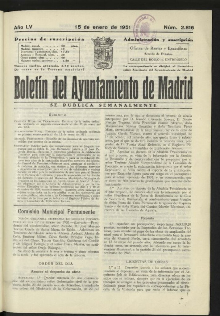 Miniatura de Boletín oficial del Ayuntamiento del 15 de enero de 1951, nº 2816