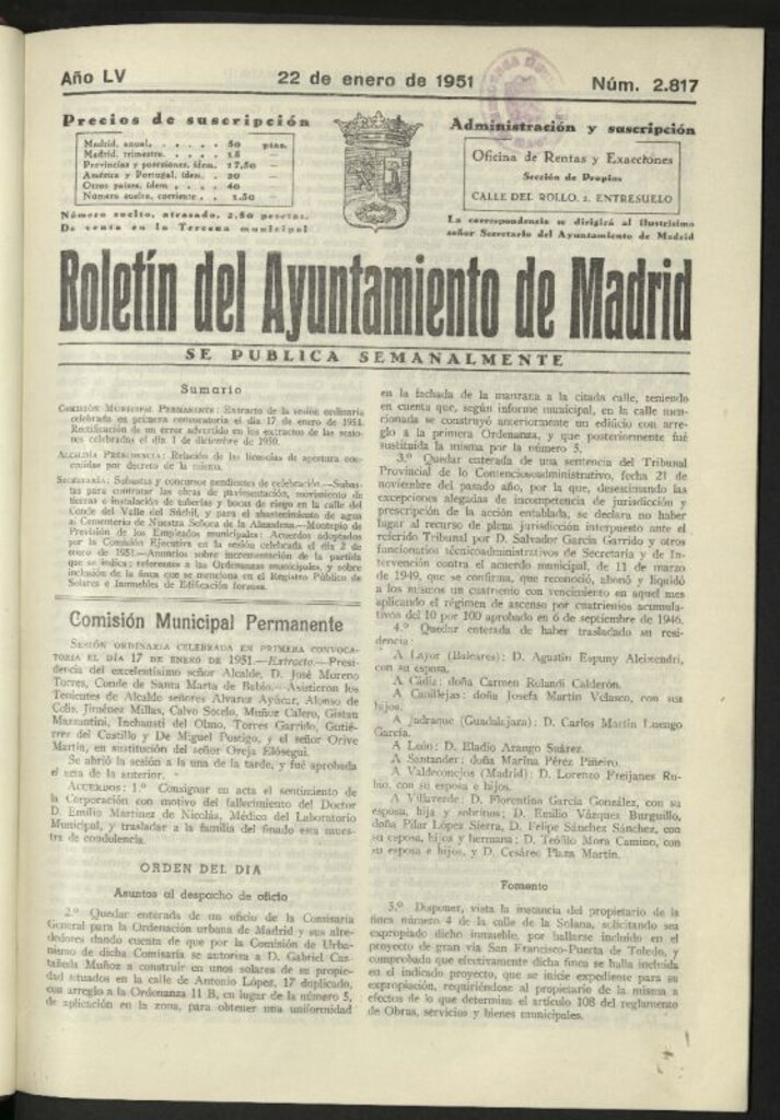 Miniatura de Boletín oficial del Ayuntamiento del 22 de enero de 1951, nº 2817