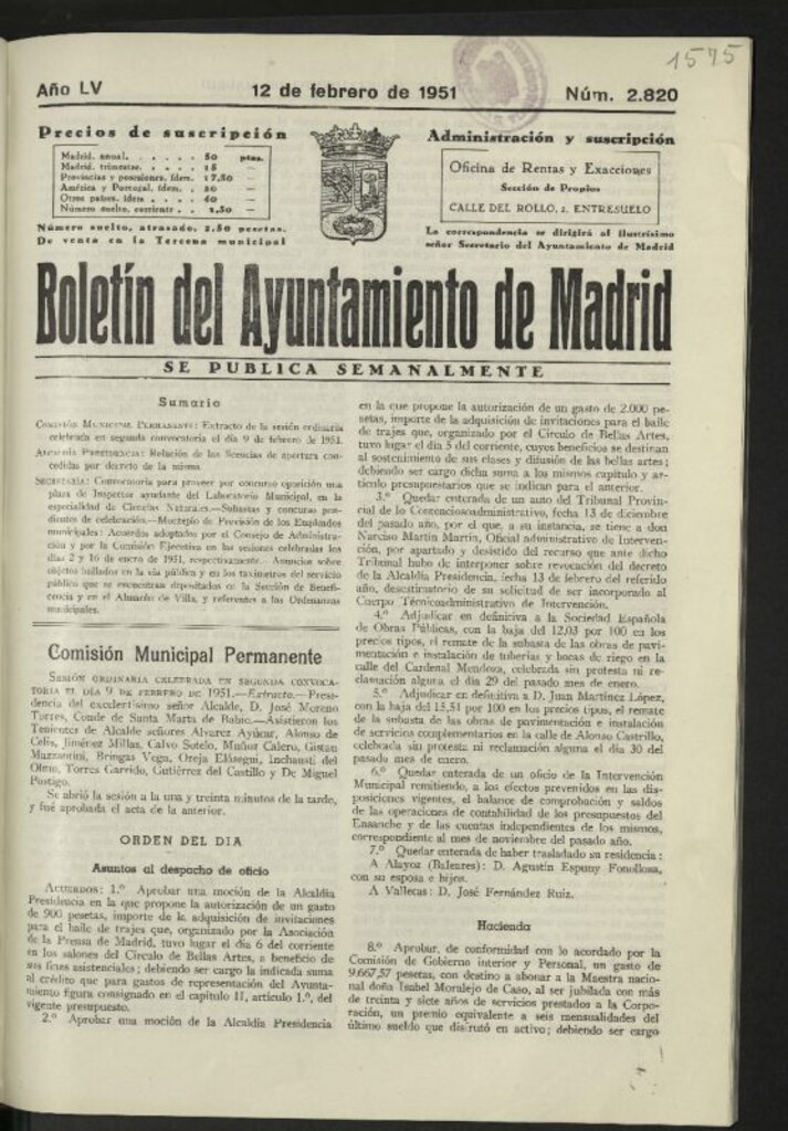 Miniatura de Boletín oficial del Ayuntamiento del 12 de febrero de 1951, nº 2820