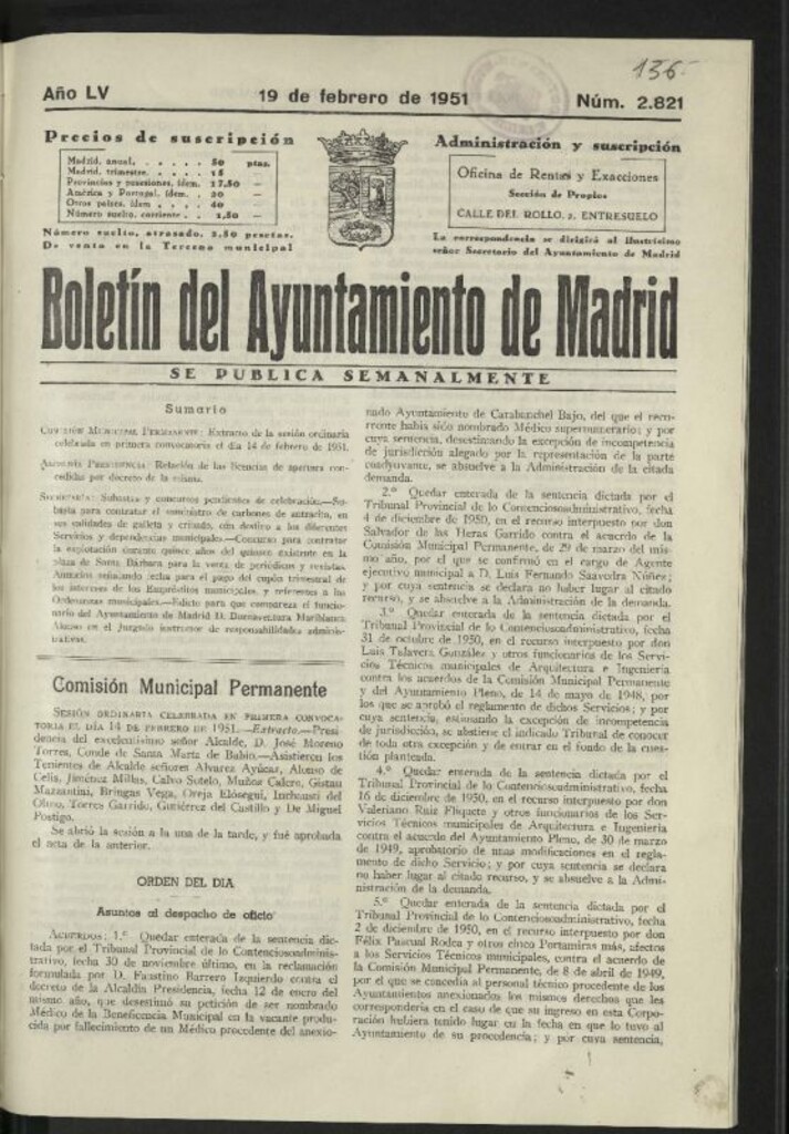 Miniatura de Boletín oficial del Ayuntamiento del 19 de febrero de 1951, nº 2821