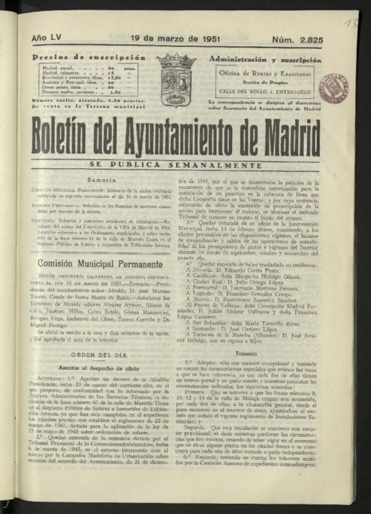 Miniatura de Boletín oficial del Ayuntamiento del 19 de marzo de 1951, nº 2825
