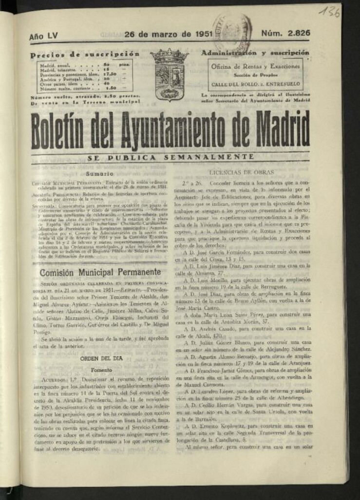 Miniatura de Boletín oficial del Ayuntamiento del 26 de marzo de 1951, nº 2826