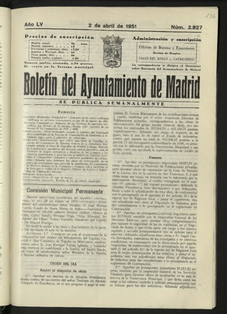 Miniatura de Boletín oficial del Ayuntamiento del 2 de abril de 1951, nº 2827
