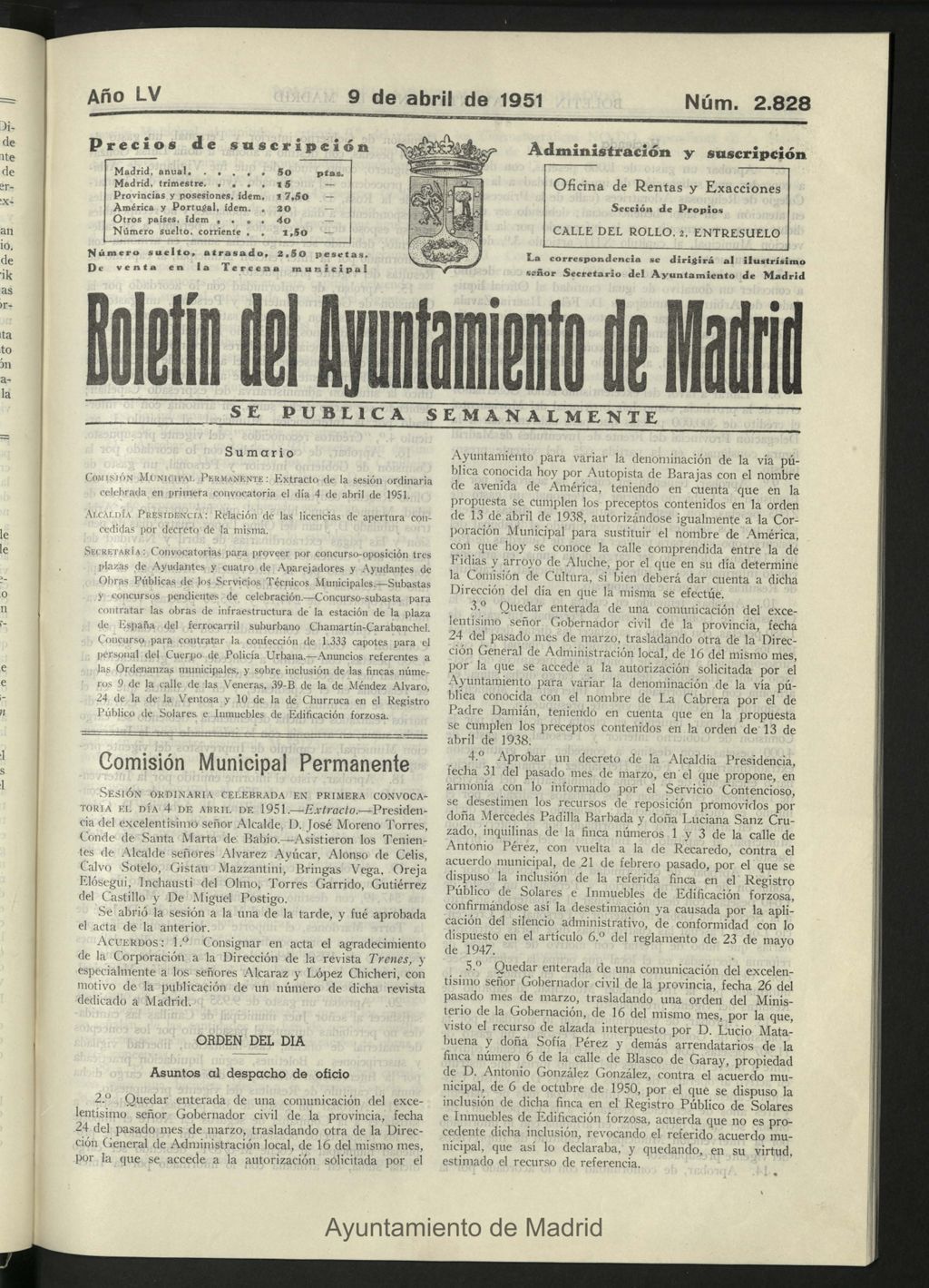 Miniatura de Boletín oficial del Ayuntamiento del 9 de abril de 1951, nº 2828