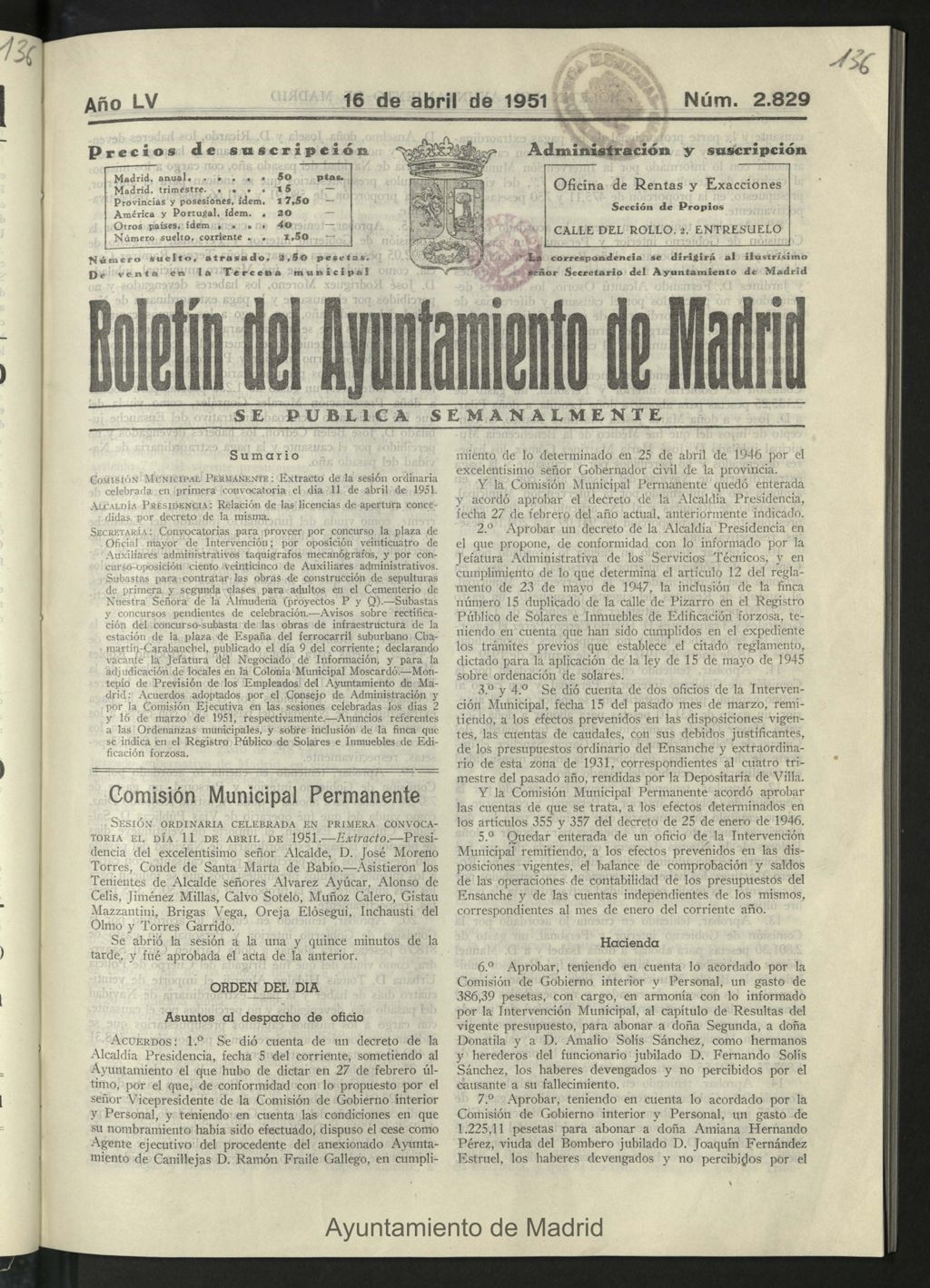 Miniatura de Boletín oficial del Ayuntamiento del 16 de abril de 1951, nº 2829