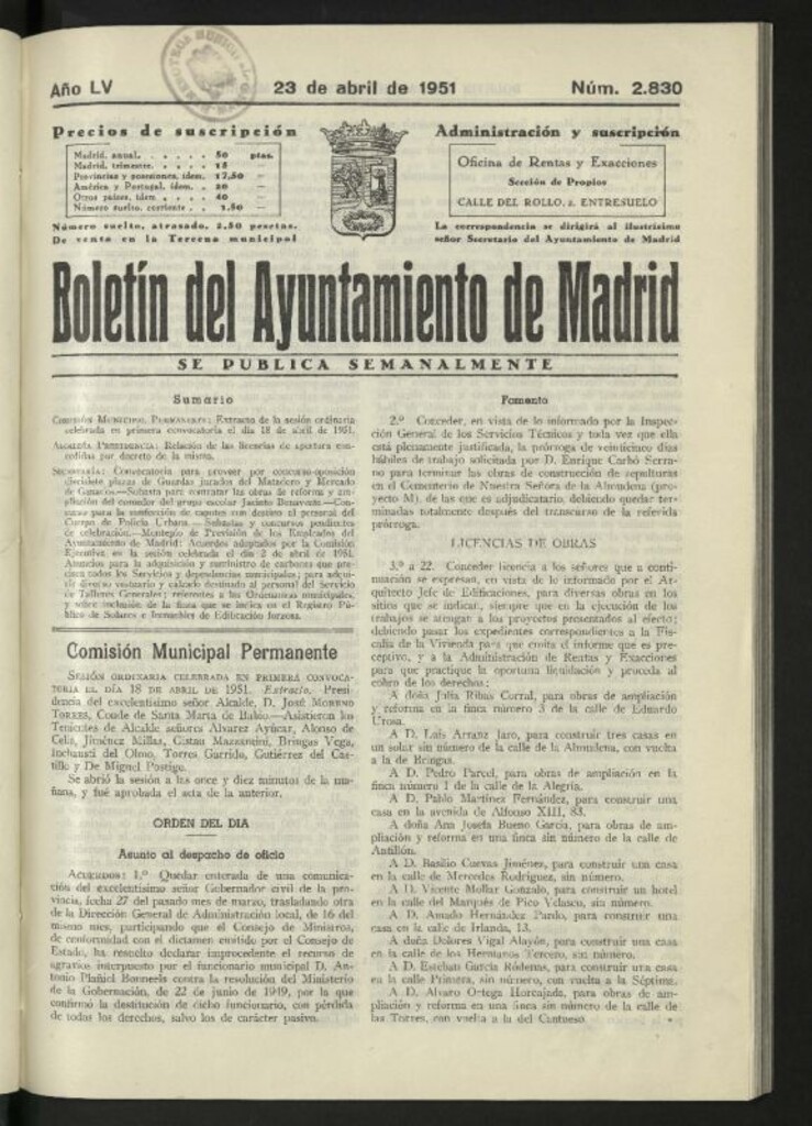 Miniatura de Boletín oficial del Ayuntamiento del 23 de abril de 1951, nº 2830