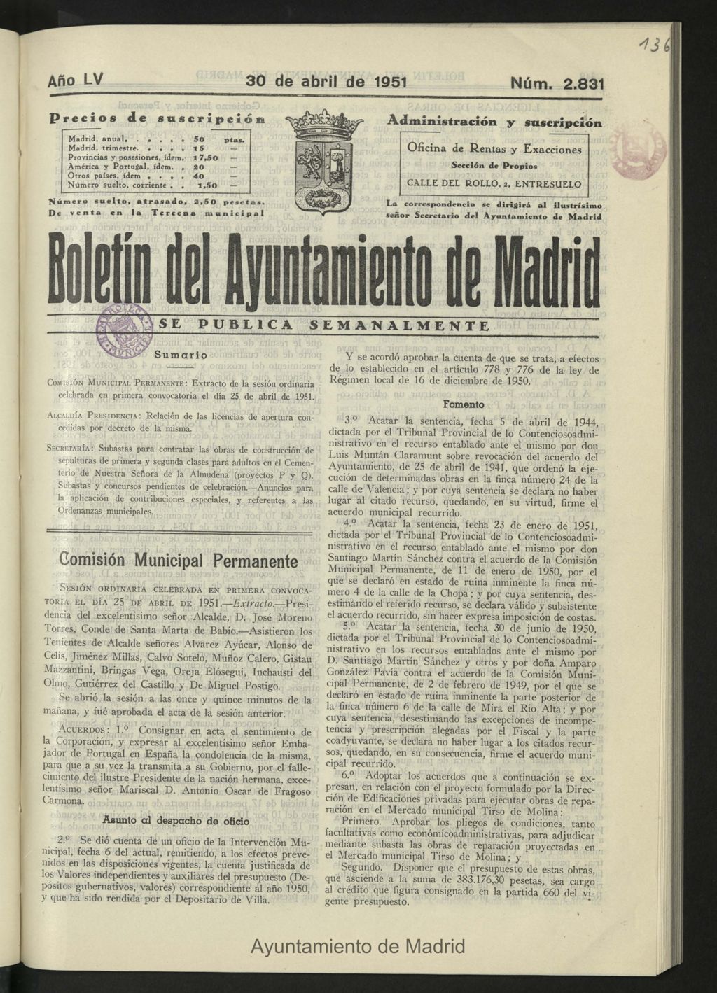 Miniatura de Boletín oficial del Ayuntamiento del 30 de abril de 1951, nº 2831