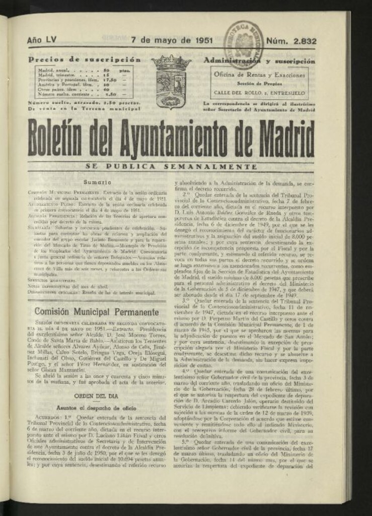Miniatura de Boletín oficial del Ayuntamiento del 7 de mayo de 1951, nº 2832