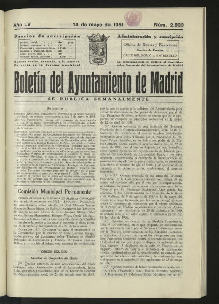 Miniatura de Boletín oficial del Ayuntamiento del 14 de mayo de 1951, nº 2833