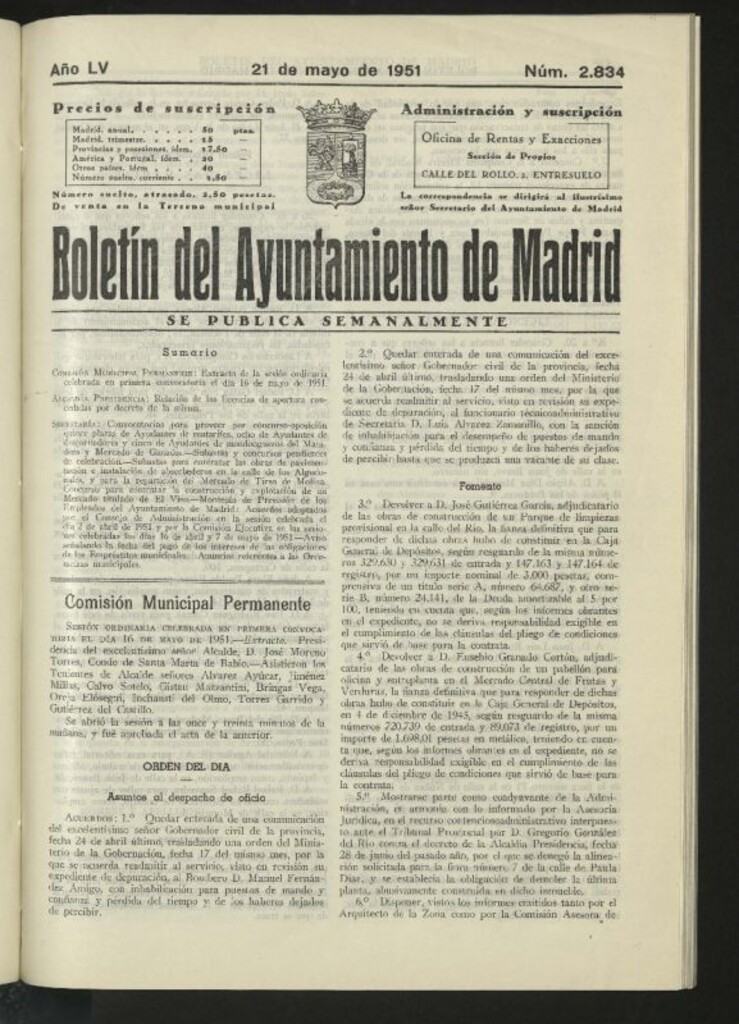 Miniatura de Boletín oficial del Ayuntamiento del 21 de mayo de 1951, nº 2834