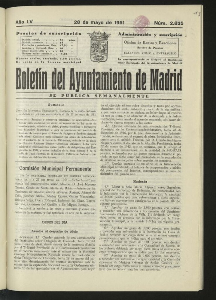 Miniatura de Boletín oficial del Ayuntamiento del 28 de mayo de 1951, nº 2835