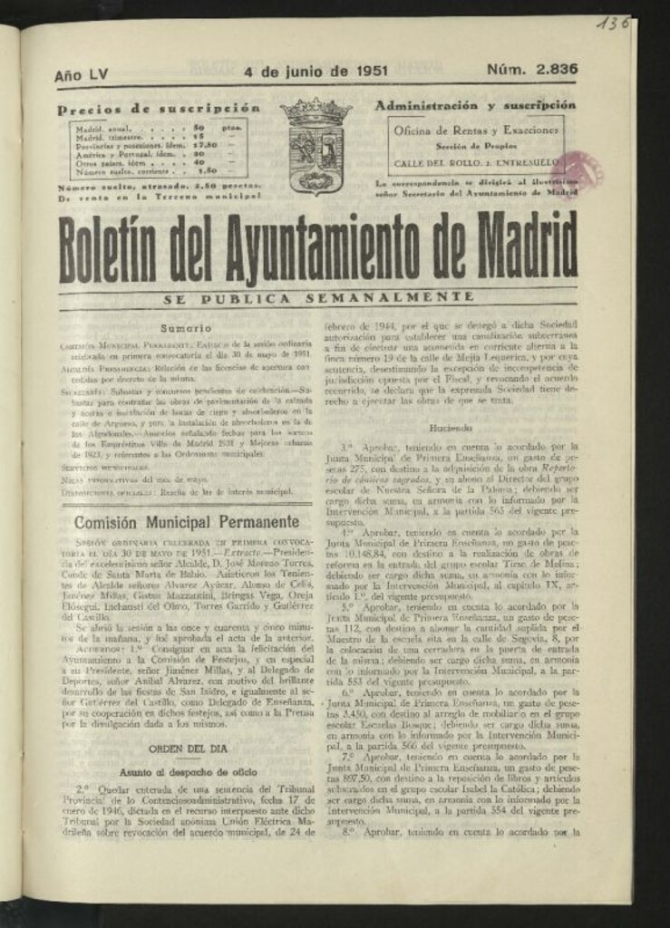 Miniatura de Boletín oficial del Ayuntamiento del 4 de junio de 1951, nº 2836