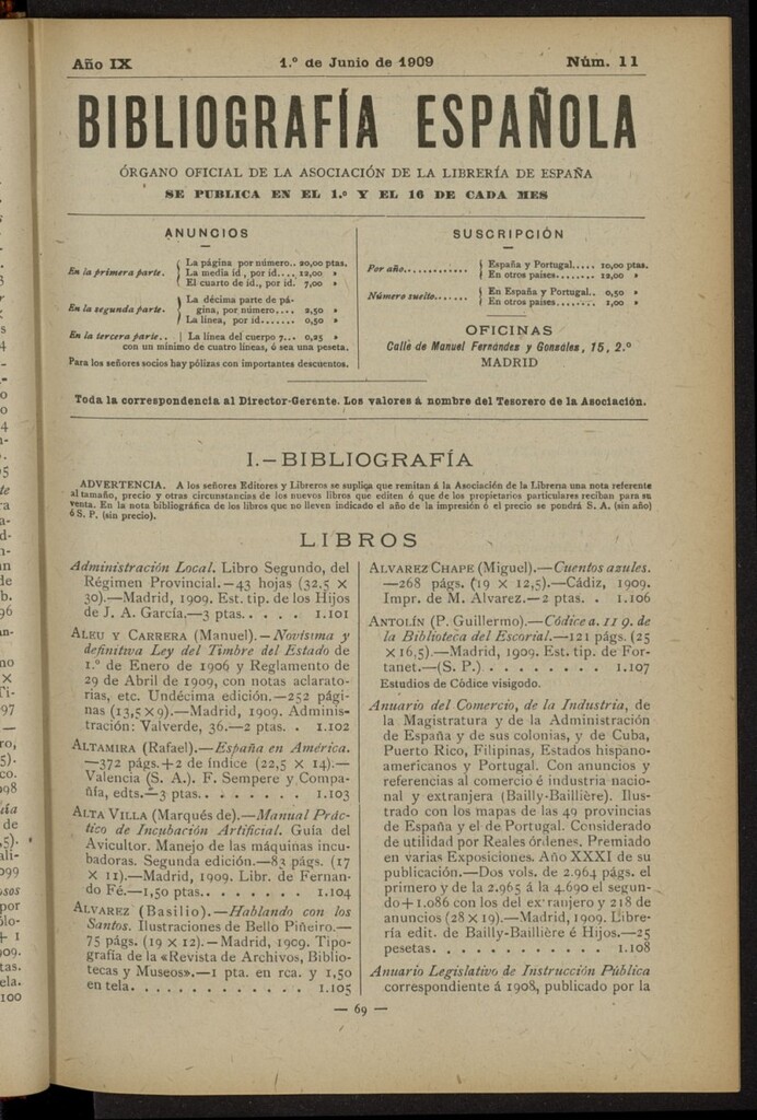 Miniatura de Bibliografía Española del 1 de junio de 1909